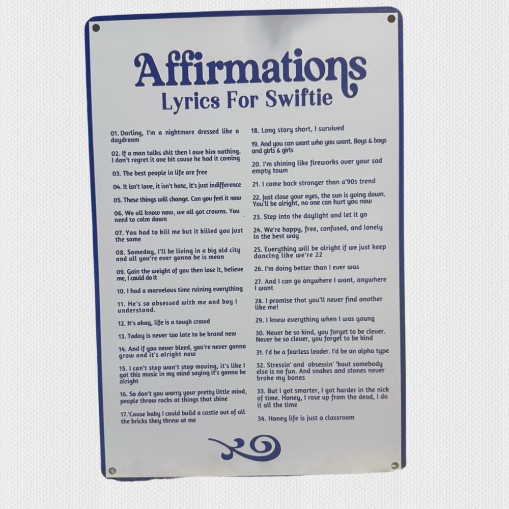 NWT‎ Swiftie Affirmations Lyrics Metal Sign